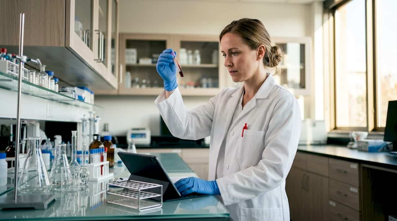 Lab technician handling blood sample tube carefully