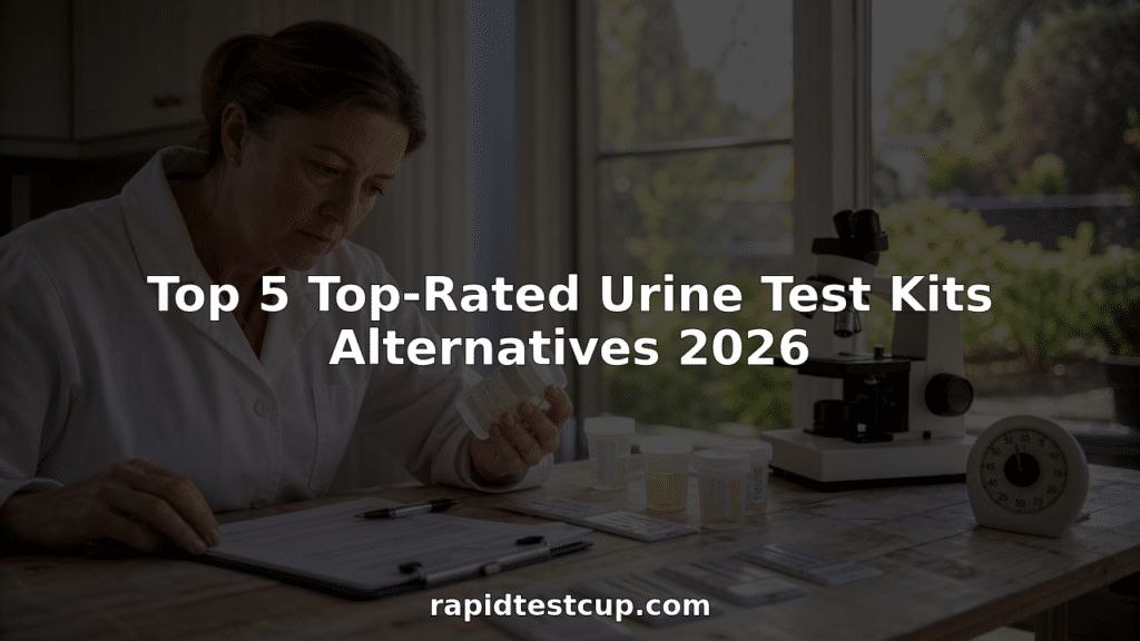 Lab technician evaluating urine test kits on table