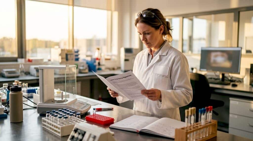 Toxicologist reviewing drug cutoff regulations in lab