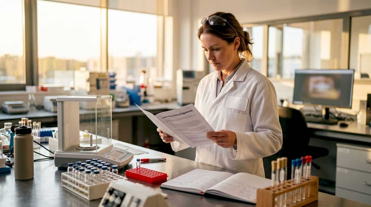 Toxicologist reviewing drug cutoff regulations in lab
