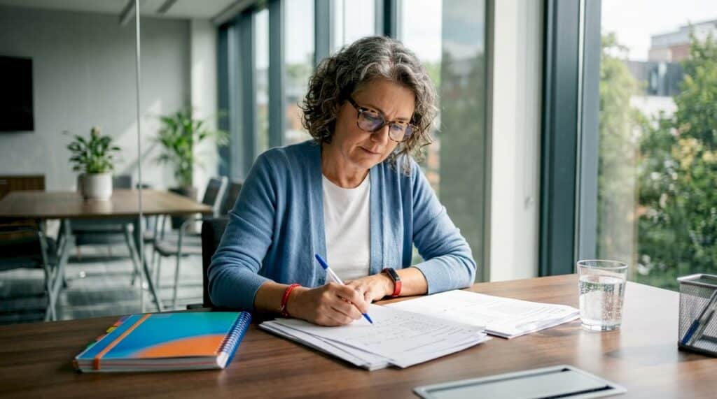 Professional reviewing test assessment papers at desk