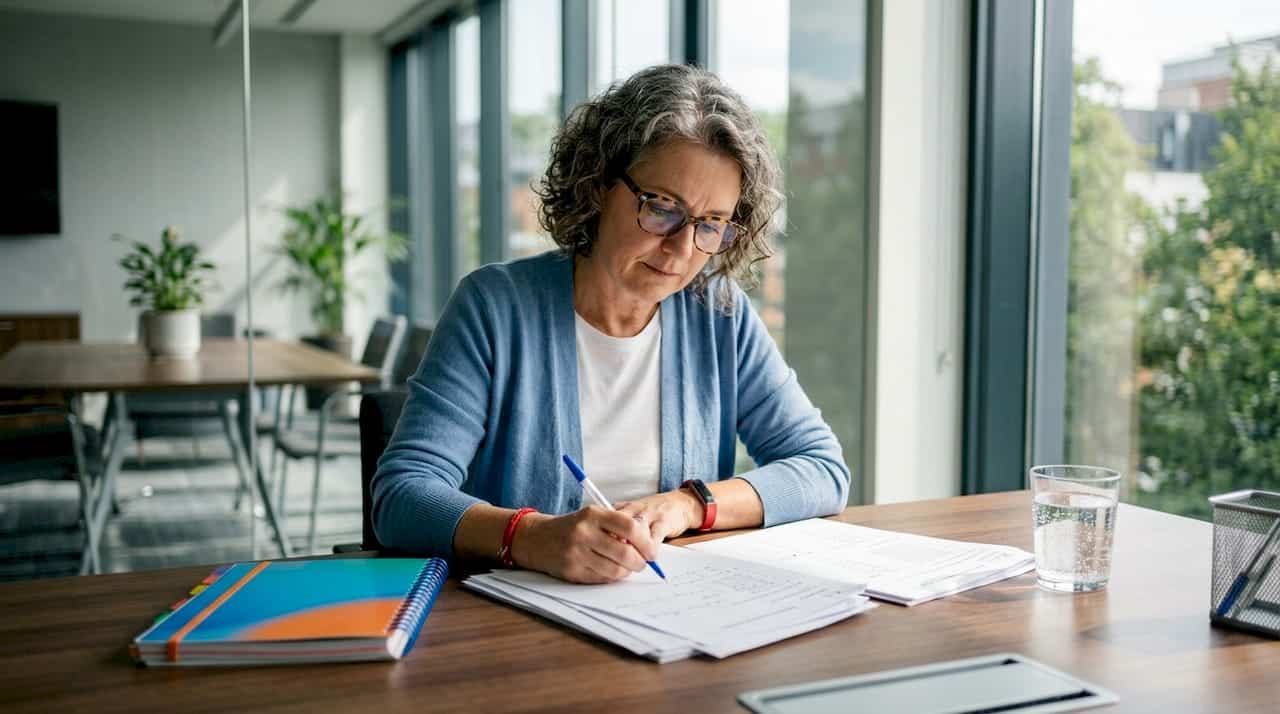 Professional reviewing test assessment papers at desk
