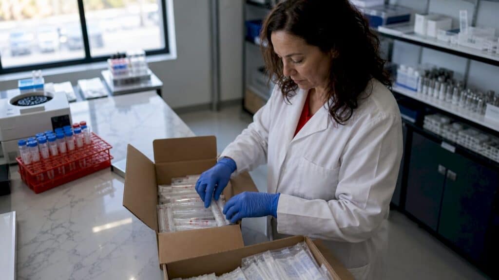 Lab manager sorting bulk testing supplies