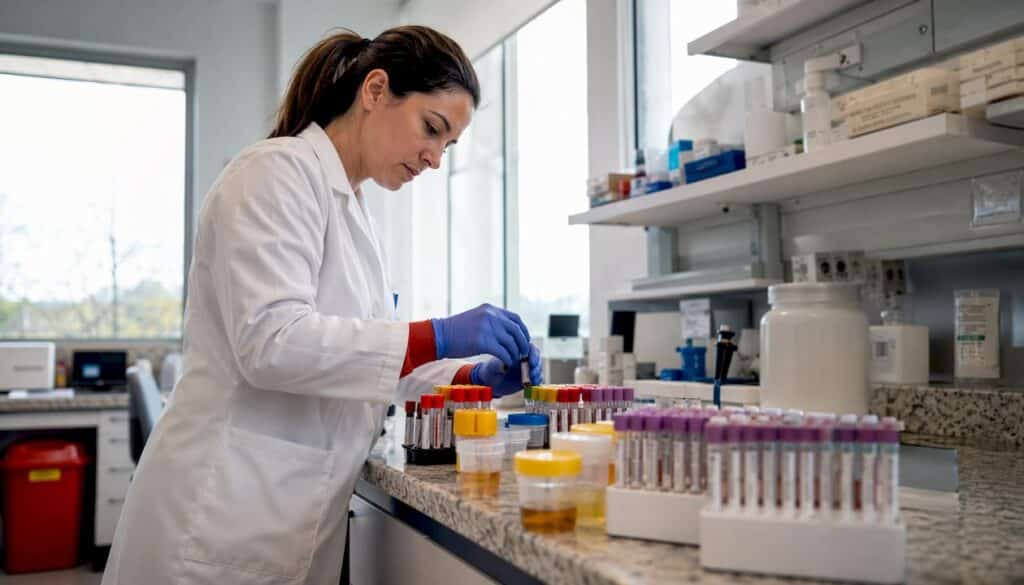 Lab technician sorting specimen containers