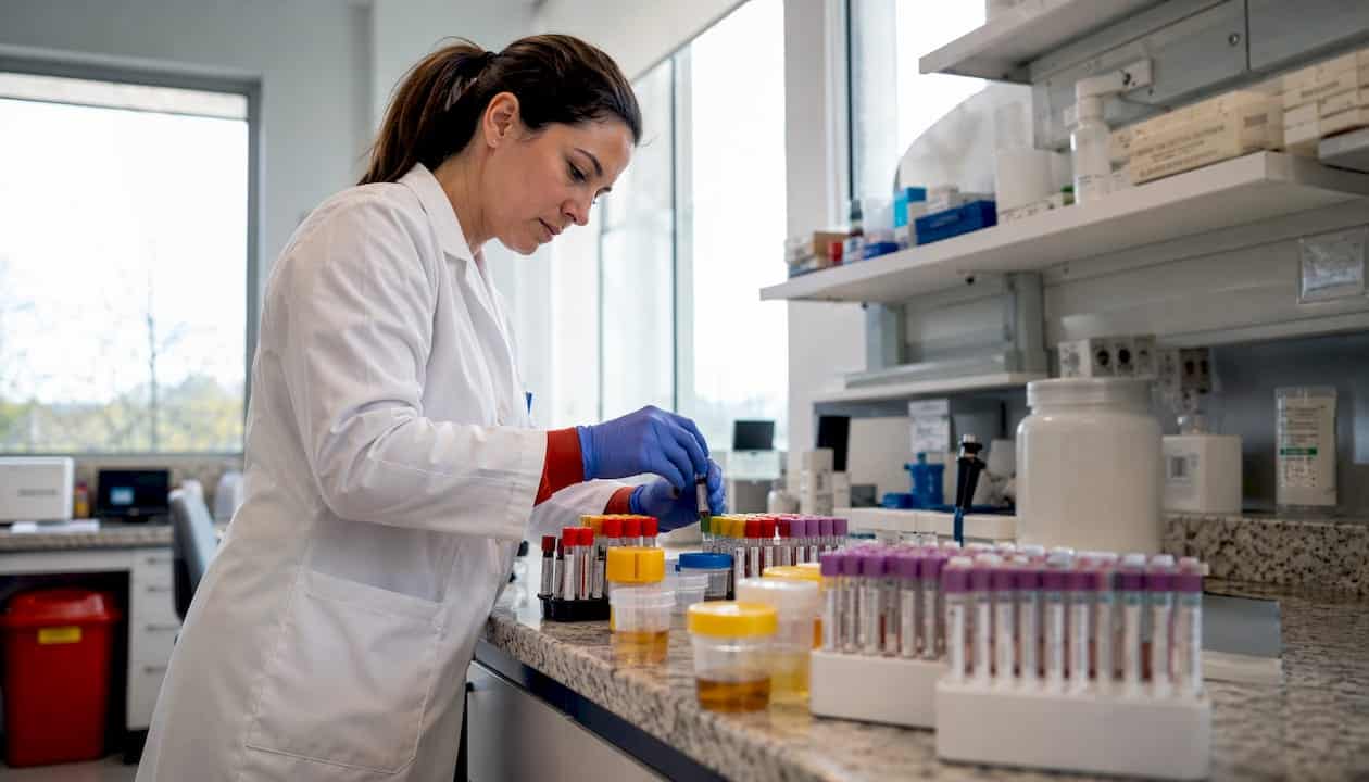 Lab technician sorting specimen containers