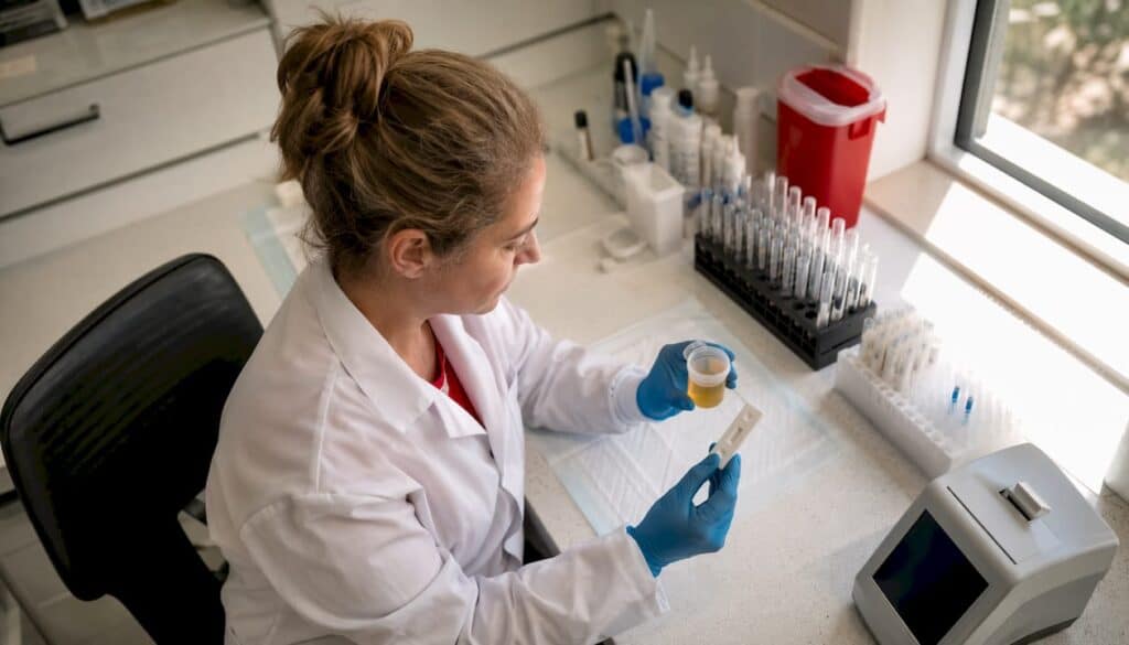 Lab technician examining urine specimen and test cassette
