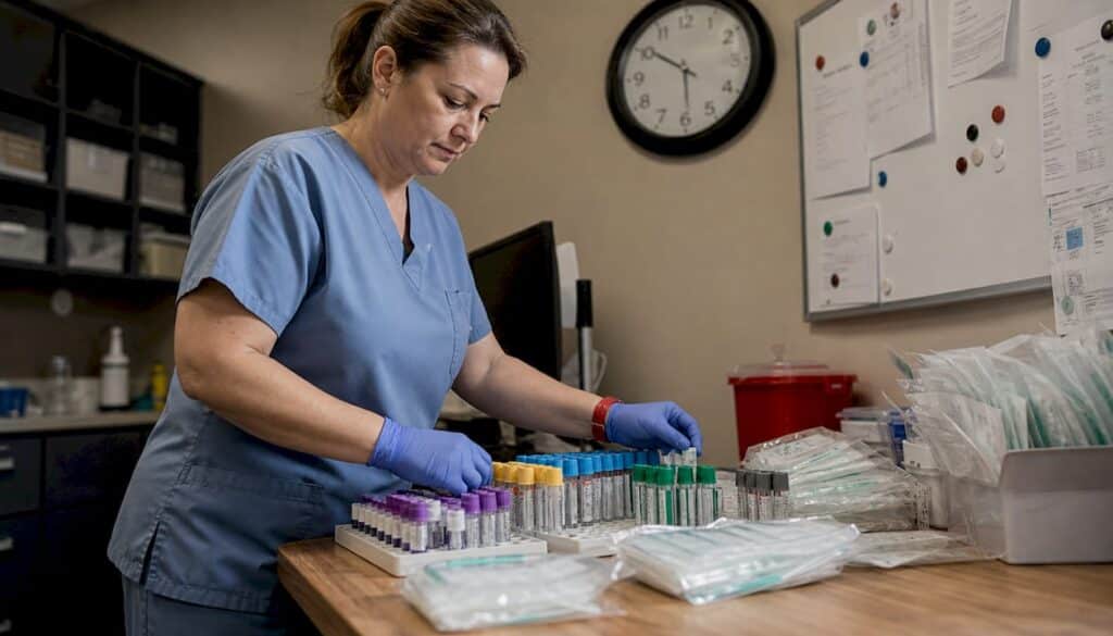 Lab technician organizing specimen collection tools