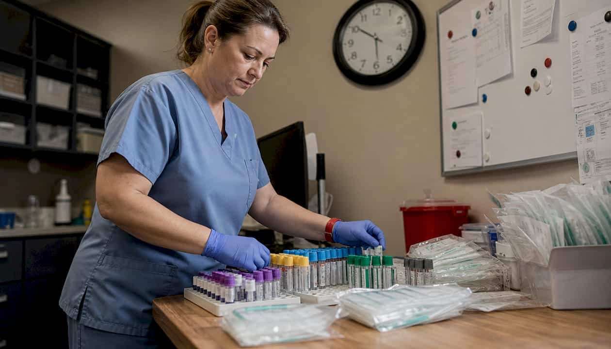 Lab technician organizing specimen collection tools