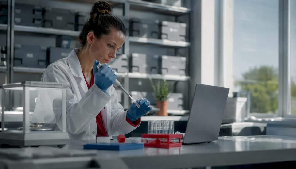 Forensic scientist preparing DNA samples in laboratory