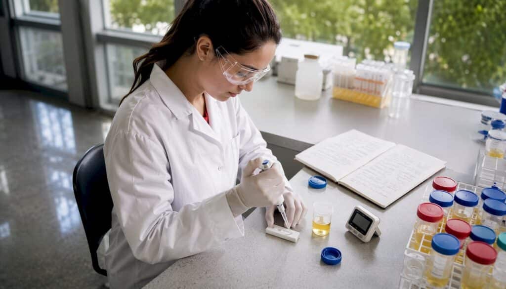Technician performing drug test in clinical lab