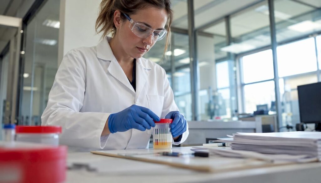 Technician handling urine drug test cup in lab