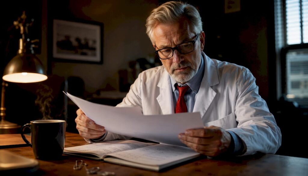 Physician reviewing medical test results at desk