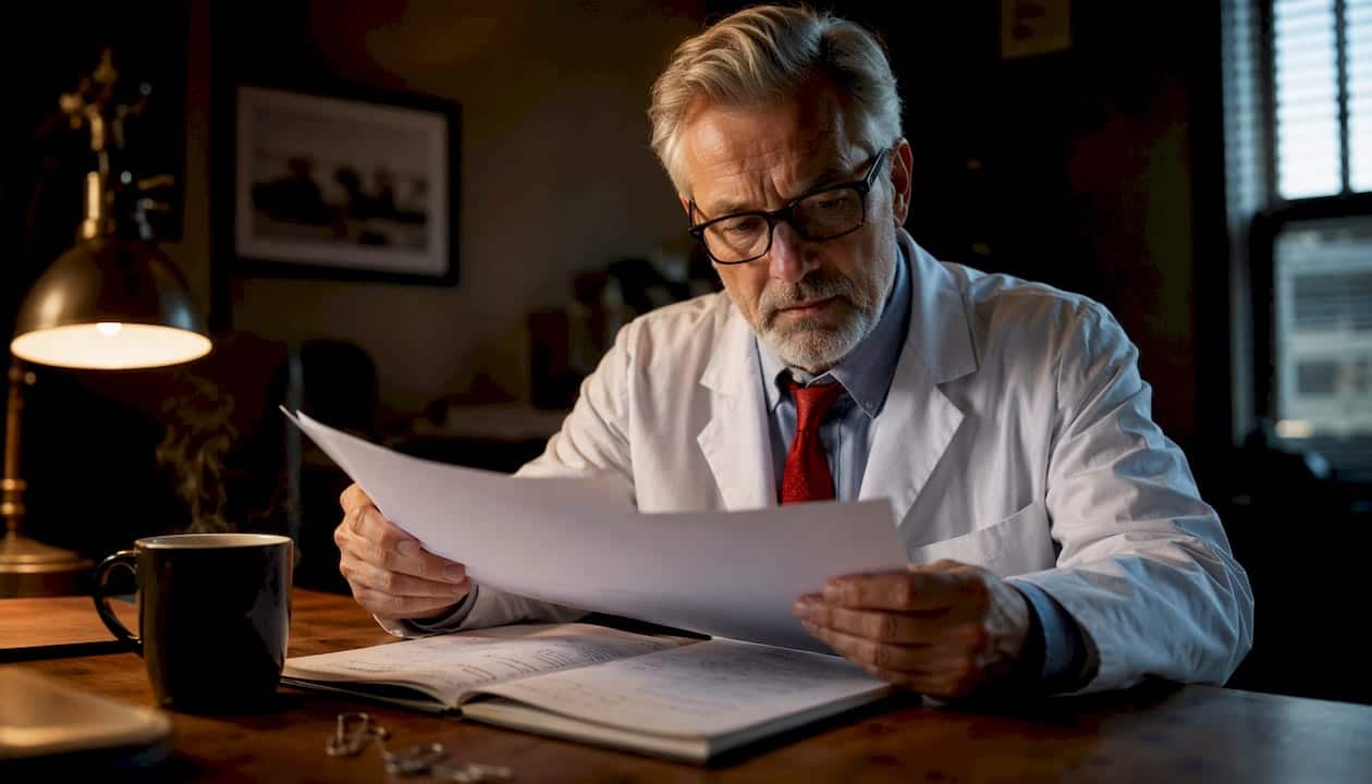 Physician reviewing medical test results at desk
