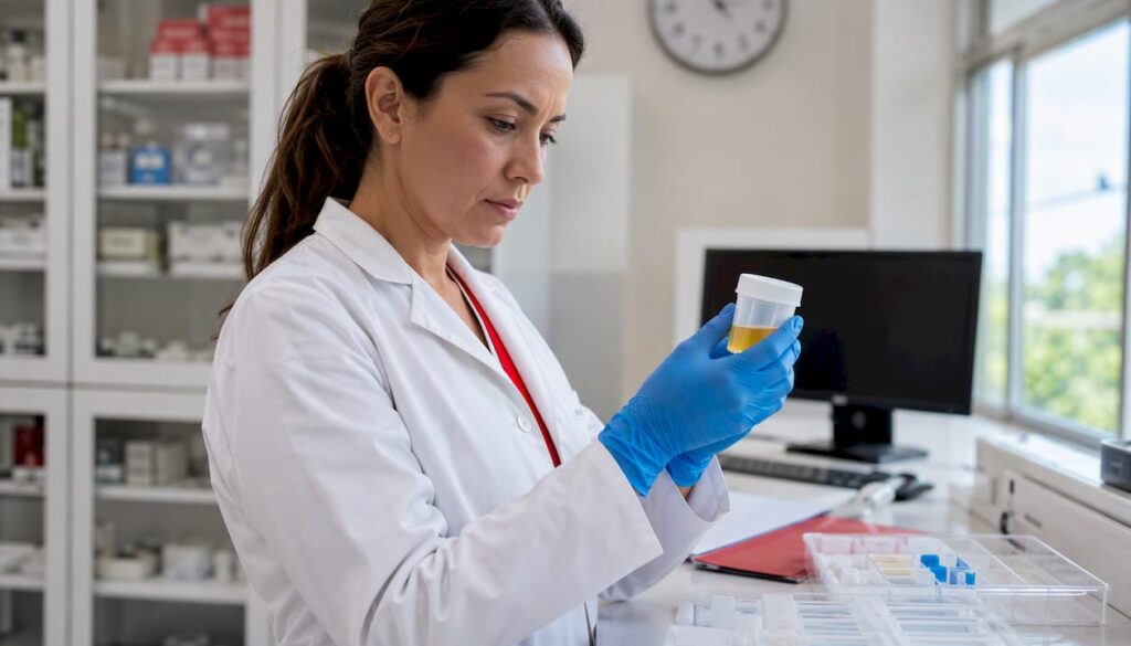 Medical technician examining urine specimen in clinic