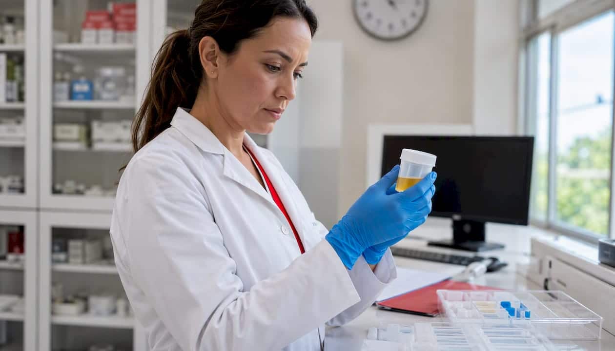 Medical technician examining urine specimen in clinic