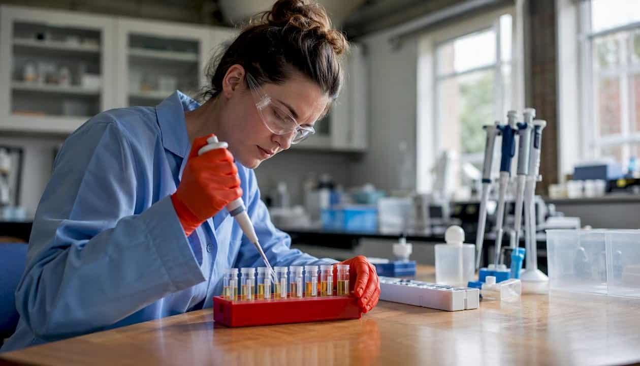 Technician pipetting urine samples in lab