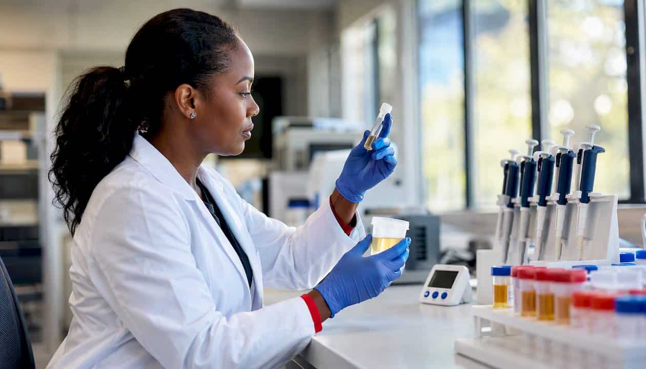 Lab technician analyzing kratom urine test sample