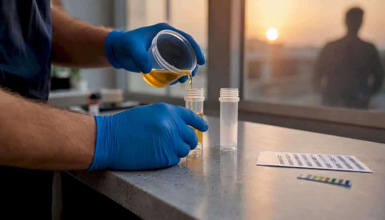 Collector pouring urine specimen into bottles