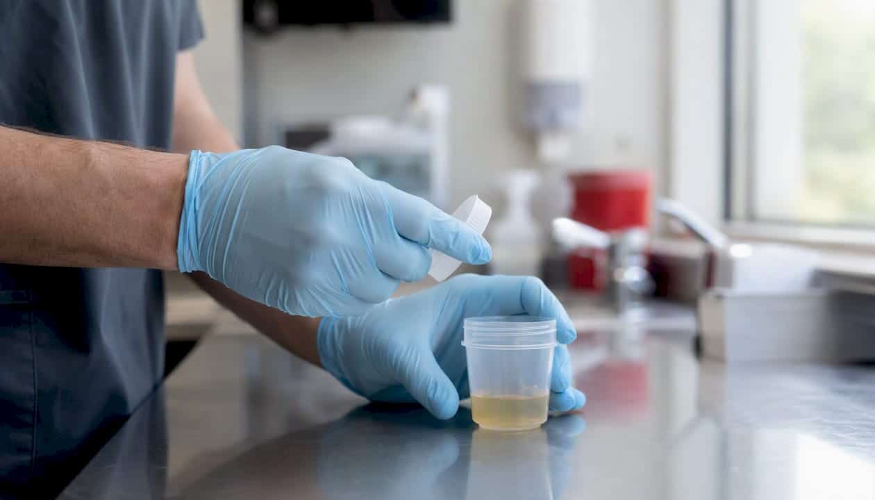 Hands collecting urine specimen into test cup