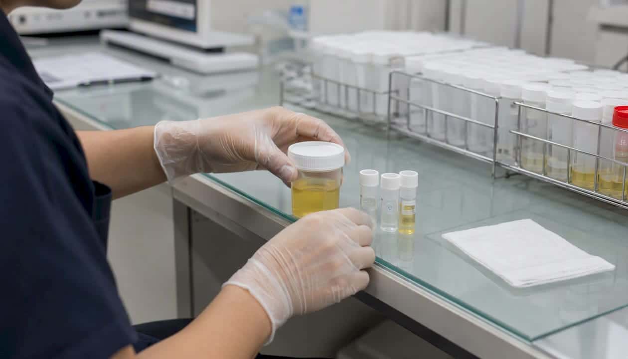 Hands assembling clinical specimen collection kit