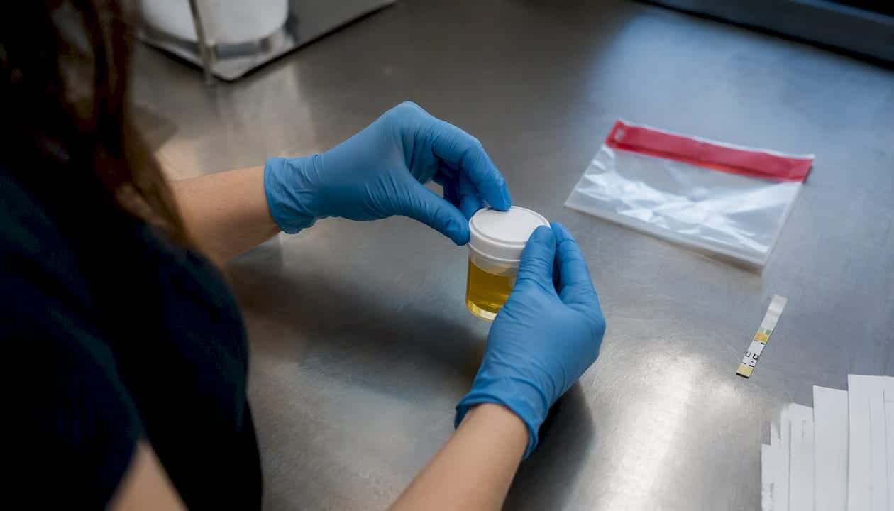 Gloved hand sealing urine test cup in clinic