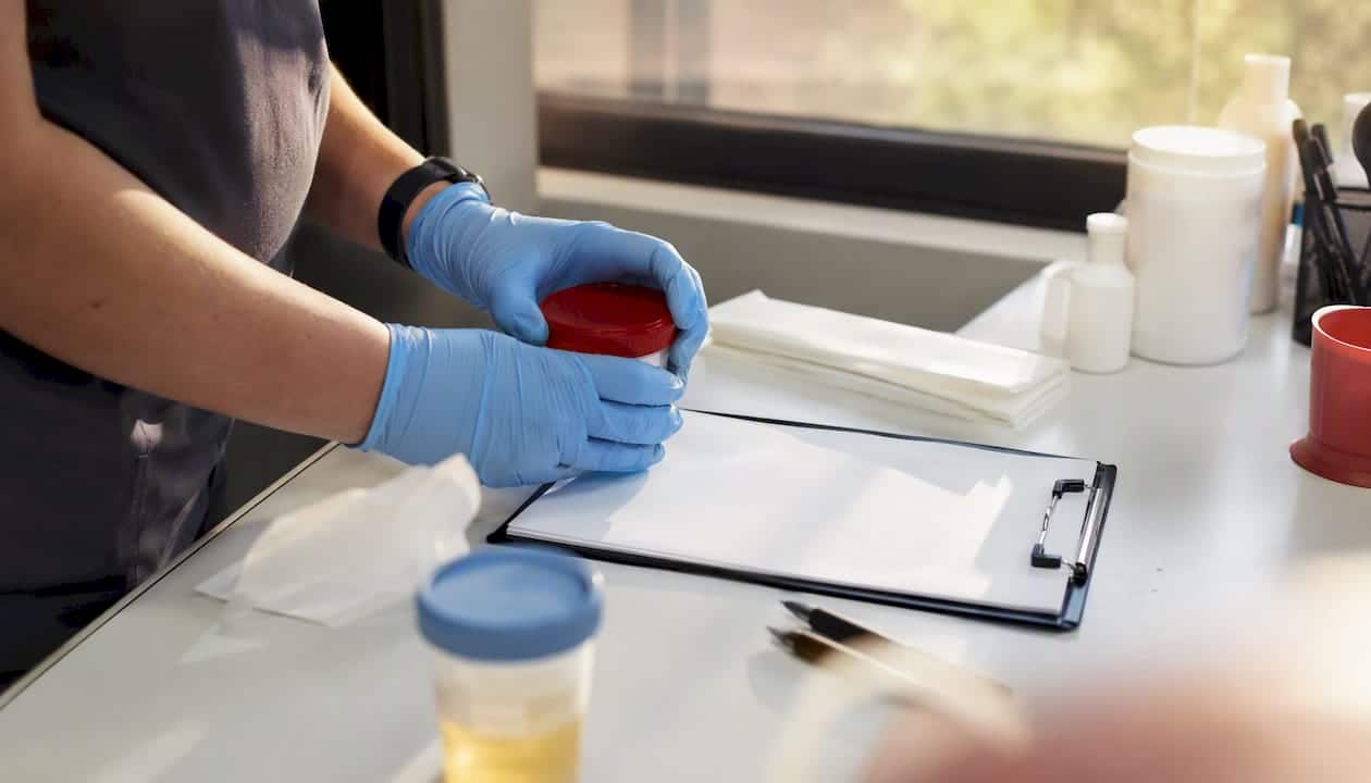 Hands preparing urine drug test cup
