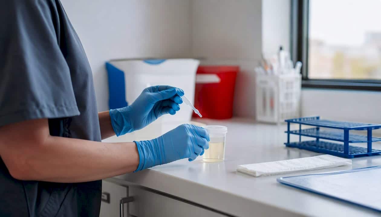 Hands preparing urine specimen cup
