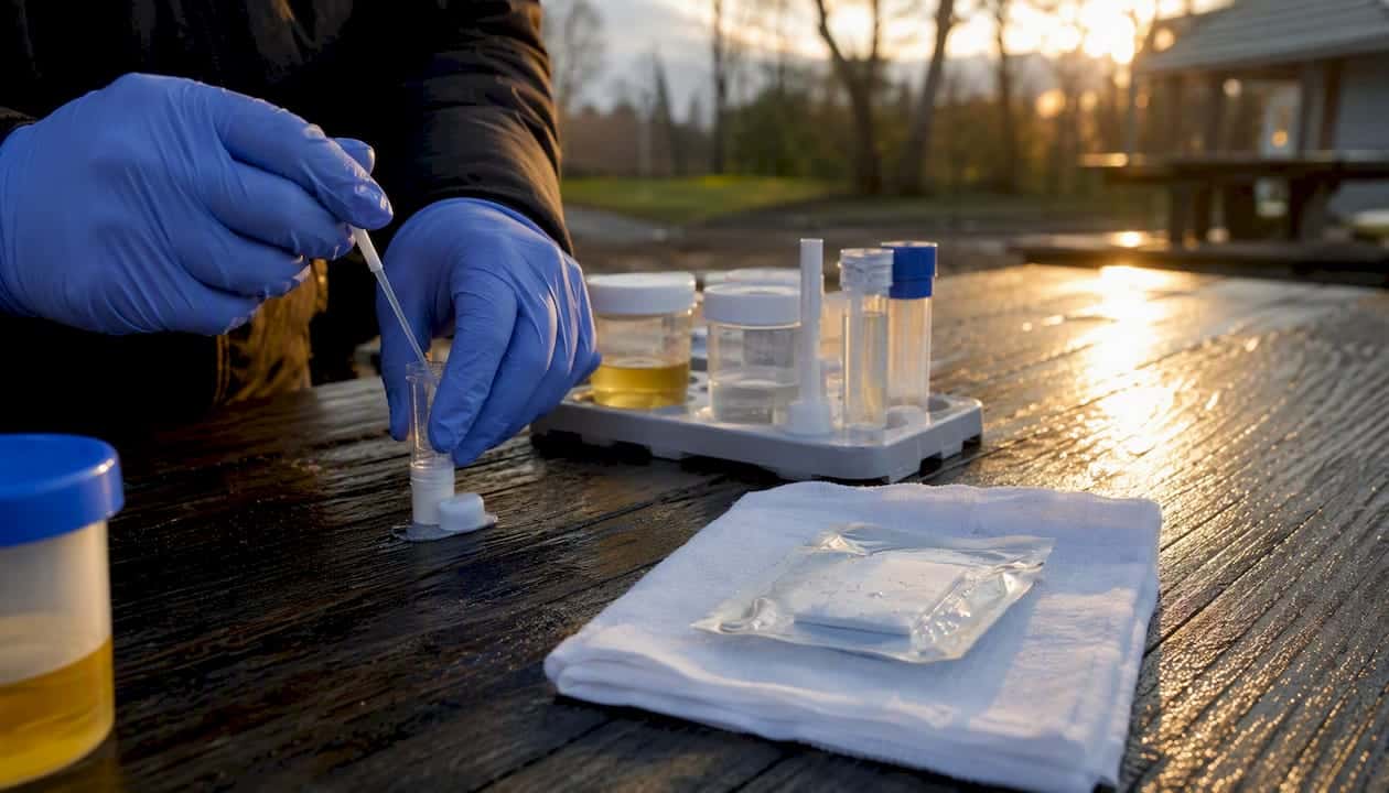 Various drug specimen collection containers on clinical surface
