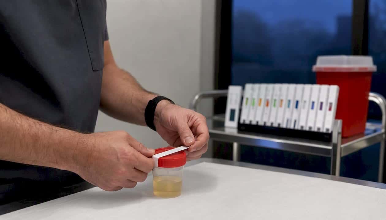 Hands sealing specimen cup in clinic