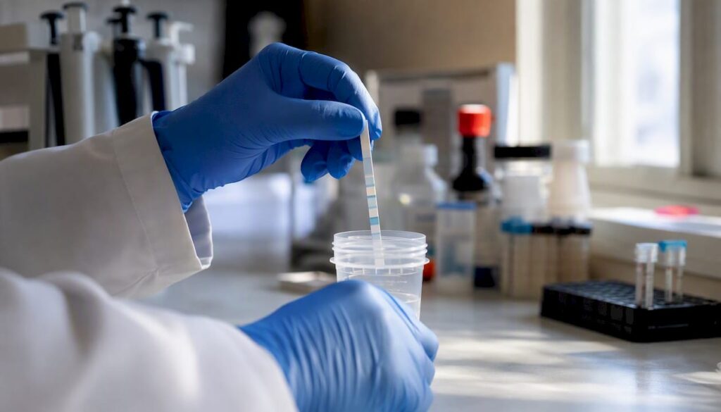 Hands dipping fentanyl test strip into sample