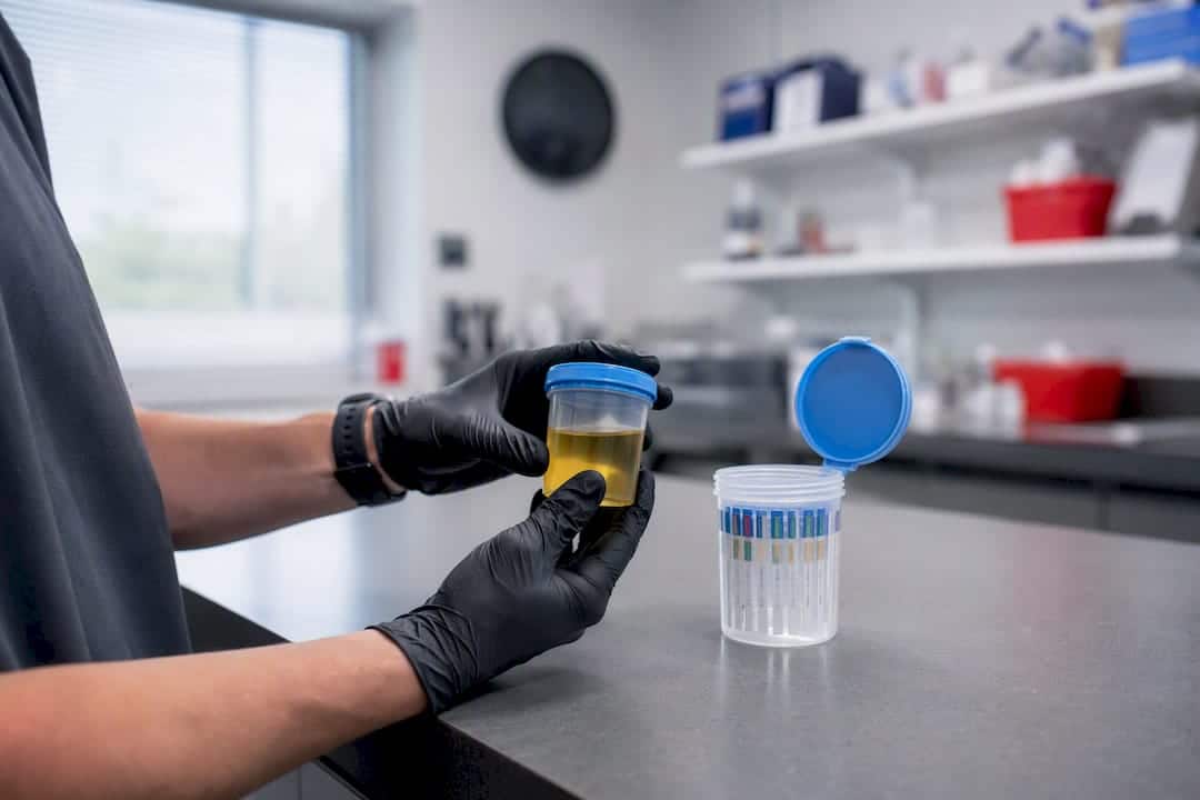 Hands handling urine specimen next to test cup