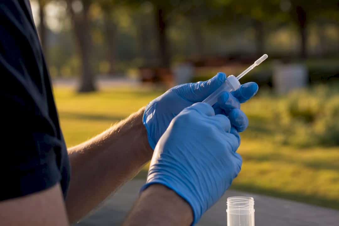 Gloved hands holding saliva drug test device