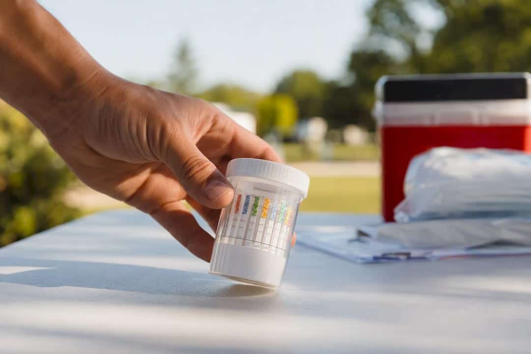 Hand setting multi-panel urine drug test cup