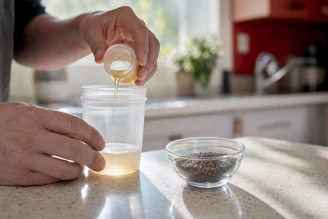 Close-up of urine sample cup with poppy seeds nearby