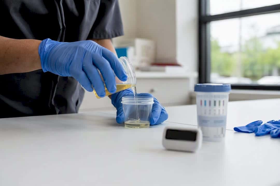 Hands pouring urine into a specimen cup