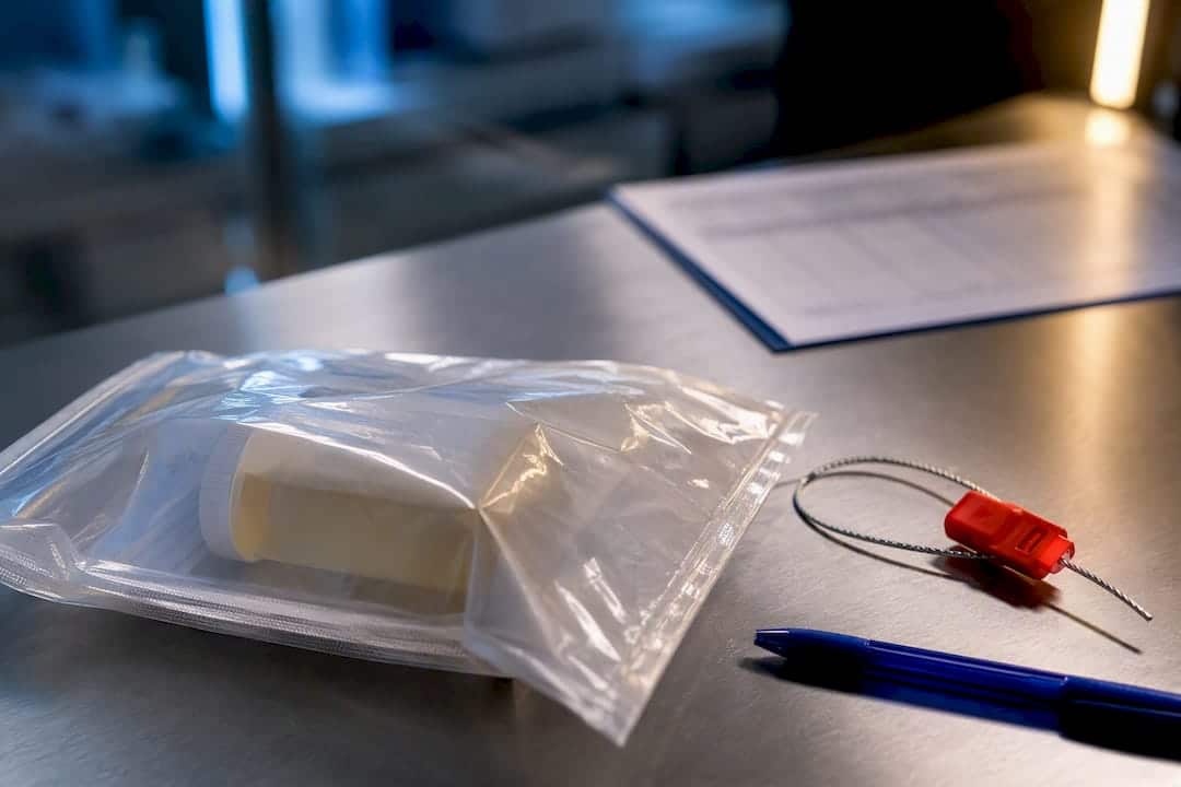 Sealed specimen pouch at forensic intake counter