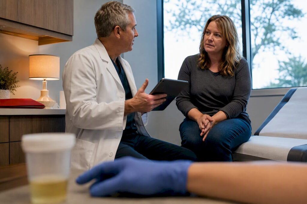 Clinician discussing urine testing with patient