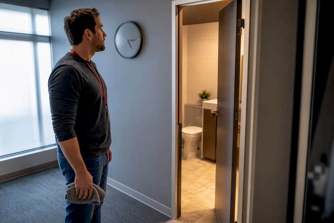 Donor paused outside collection restroom
