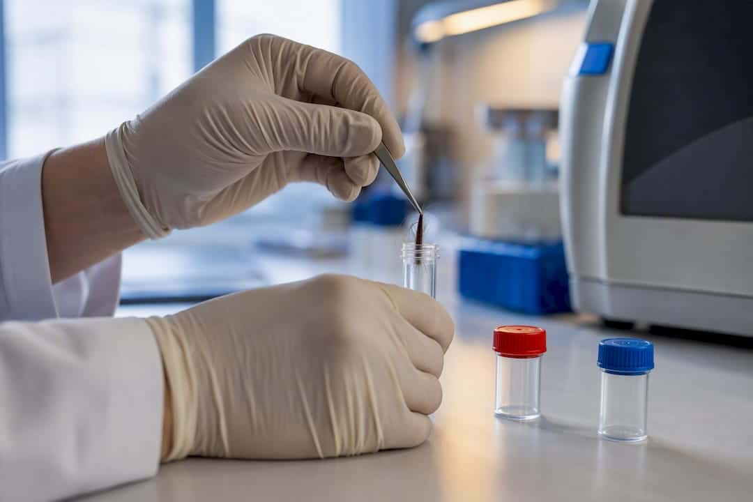 Technologist preparing hair specimen for toxicology testing