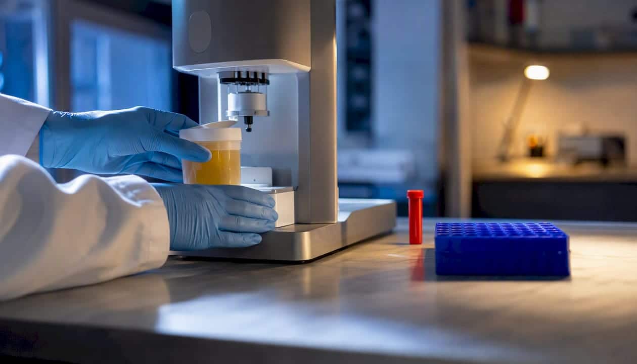 Technician preparing anonymous urine specimen for assay