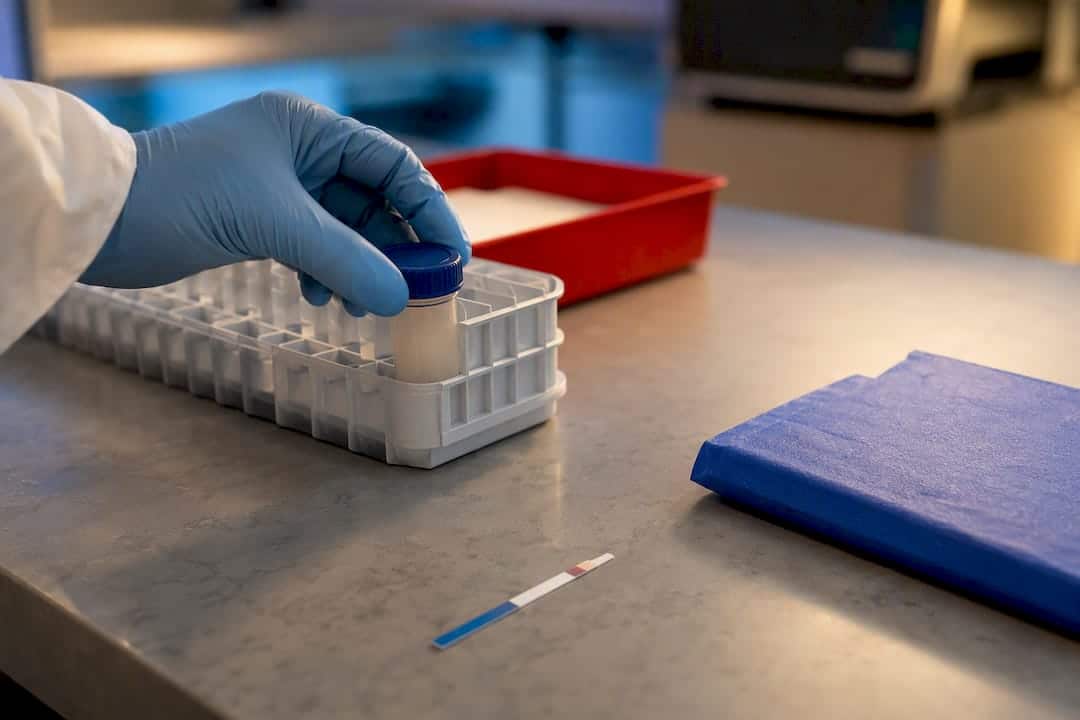 Gloved technician checking specimen validity