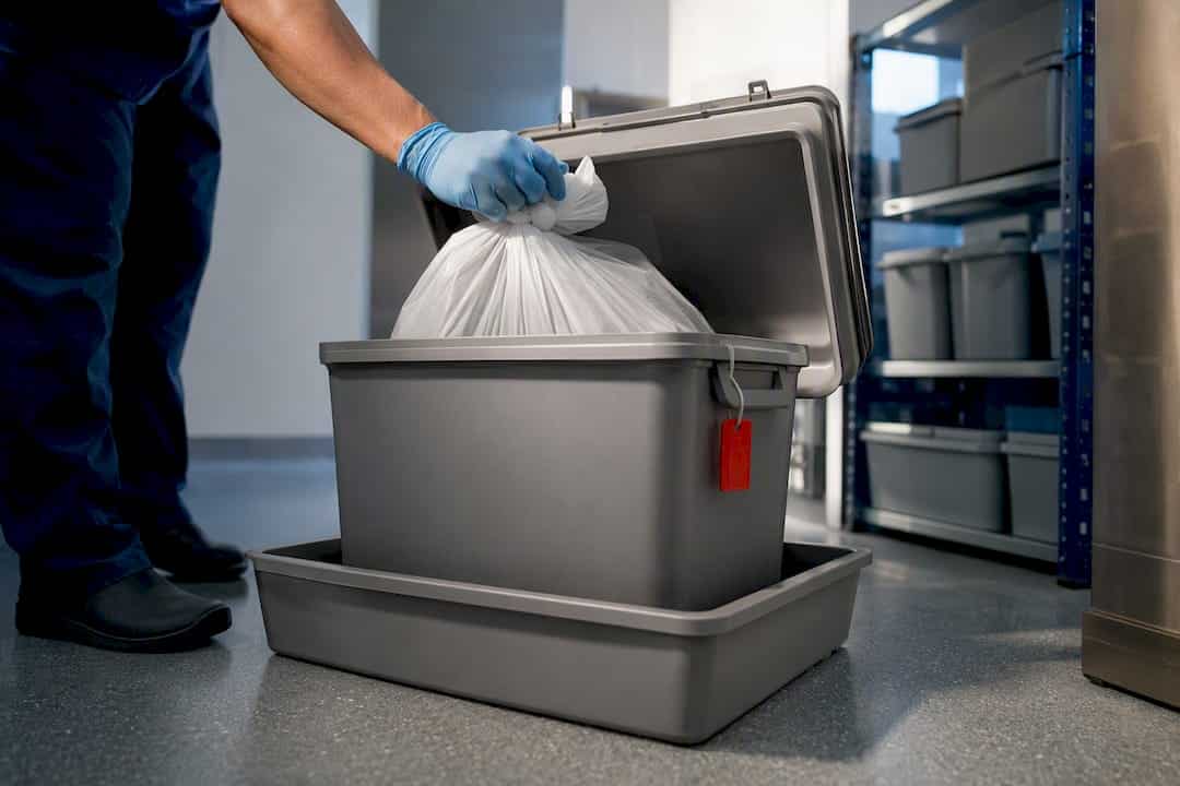 Clinic worker securing regulated waste container