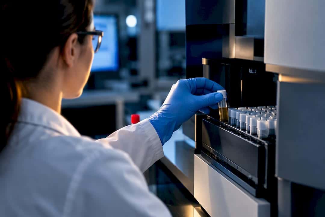 Technician loading urine specimen for toxicology analysis