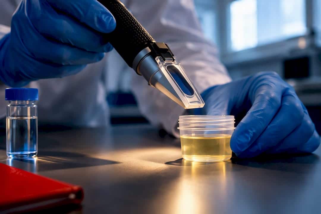 Technician measuring urine specific gravity