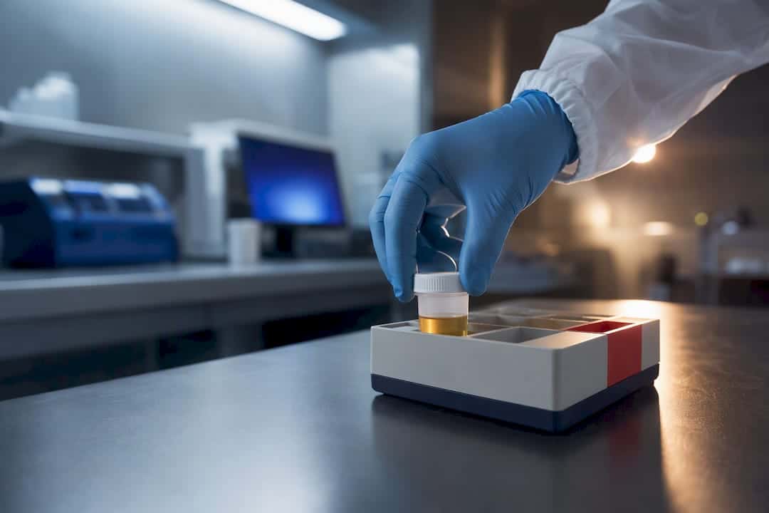 Technologist handling anonymous urine specimen