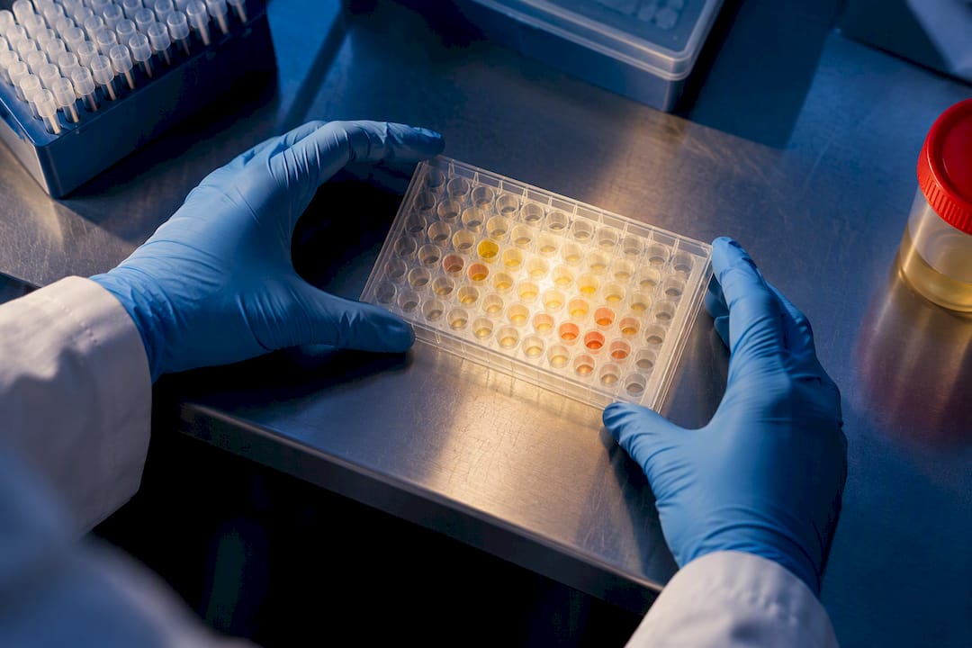 Immunoassay reaction wells showing color changes