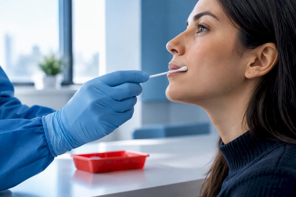 Healthcare worker positioning an oral swab