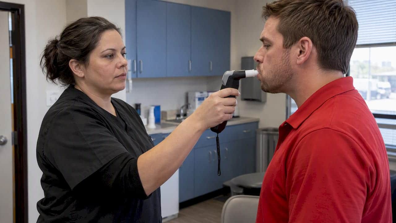 Technician conducting workplace breathalyzer screening