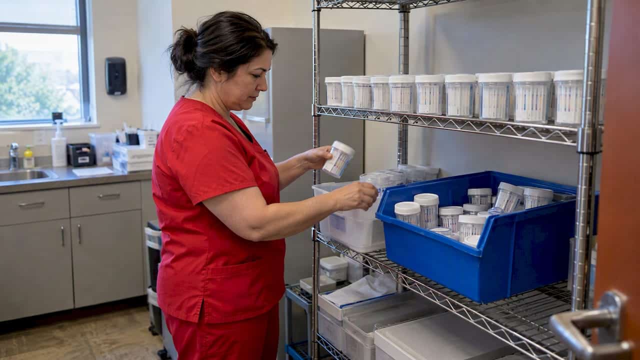 Technician sorting expired drug test cups