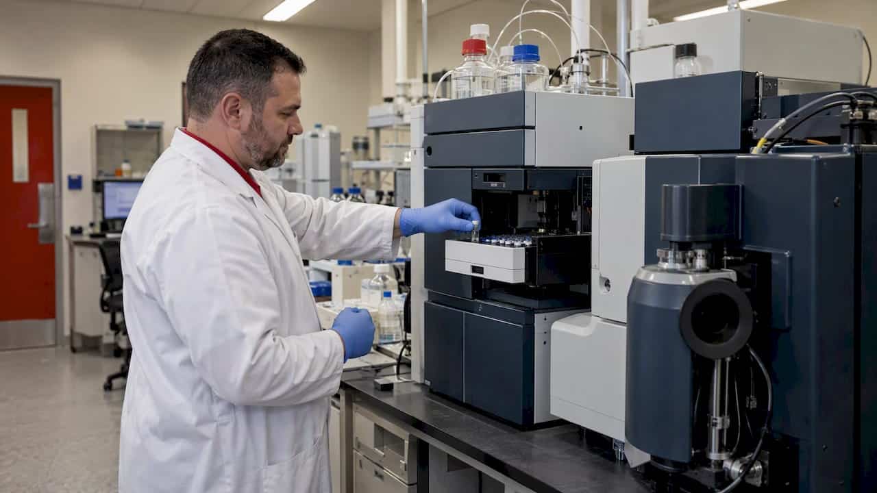 Analyst loading specimen into mass spectrometer